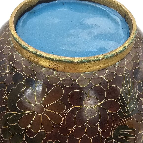 Vtg Chinese Cloisonne Ginger Jar & Lid Thousand Flower Design Brass Browns Gold - Picture 10 of 16